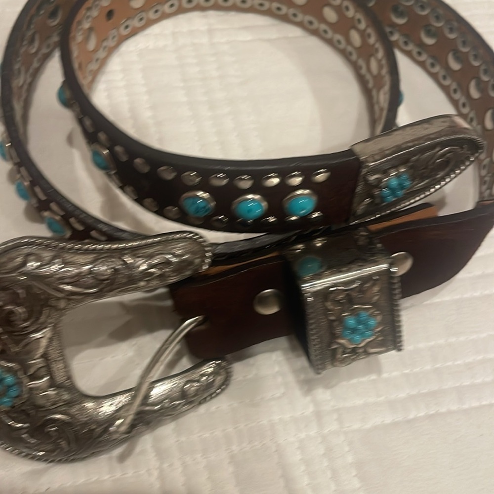 Nicona Belt Co silver toned turquoise genuine leather belt 28waist or smaller(c) - Picture 11 of 11
